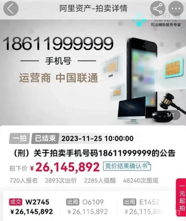 江苏一手机靓号“999999”拍出天价2.6亿，买家却称“拍错了”